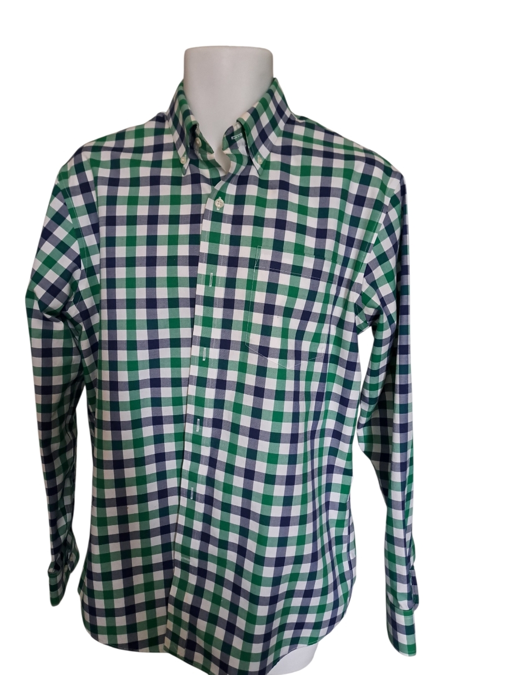 LANDS' END check shirt Plaid button down blue green crisp no iron twill cotton M